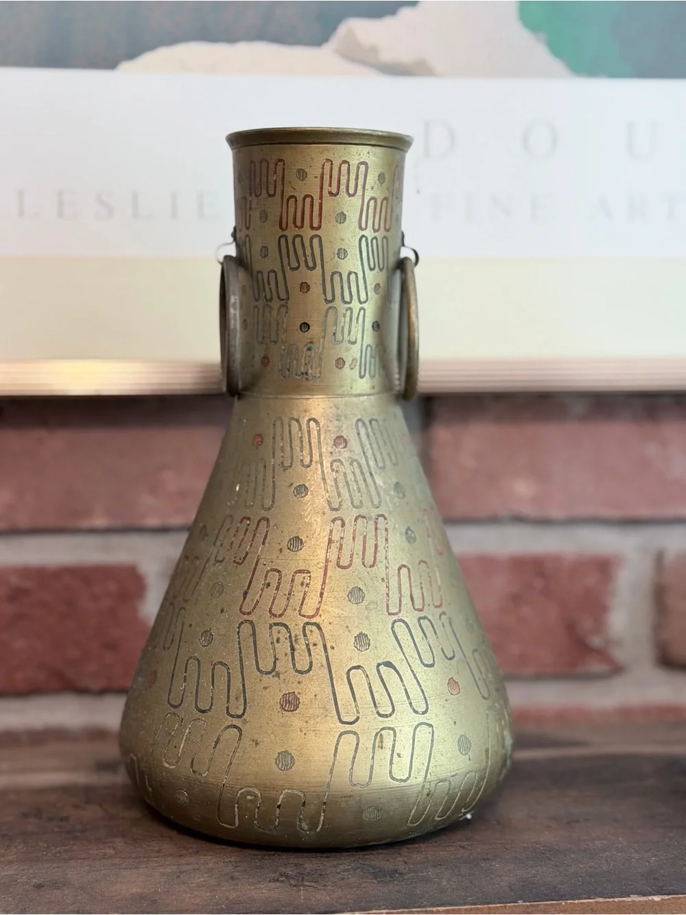 Vintage Indian Solid Brass Modernist Vase with Etched Design MCM Mod Century